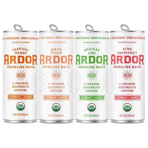 ARDOR ENERGY Sparkling Water TROPICAL variety 12 pack with 100mg Organic Caffeine from Green Tea & 200mg Organic L-Theanine (Focus & Calm). No Sugar. No Calories. Vegan. Gluten Free.