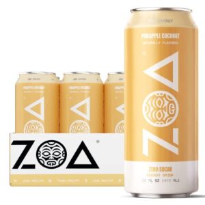 zoa zero sugar energy drinks – healthy energy formula with vitamins, electrolytes, antioxidants, 210mg of natural caffeine – pineapple coconut, 16 ounce (pack of 12)