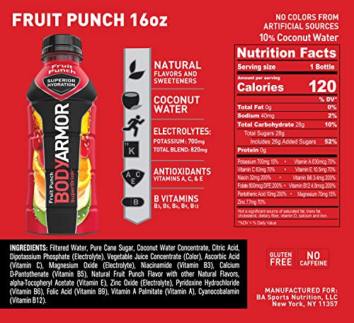 BODYARMOR Sports Drink Sports Beverage, Fruit Punch, Natural Flavors With Vitamins, Potassium-Packed Electrolytes, Perfect For Athletes, 16 Fl Oz (Pack of 12)