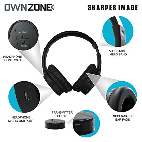 Sharper Image OWN ZONE Wireless Rechargeable TV Headphones- RF Connection, 2.4 GHz, Transmits Wirelessly up to 100ft, No Bluetooth Required, AUX, RCA, & Optical Cable Included (Black)