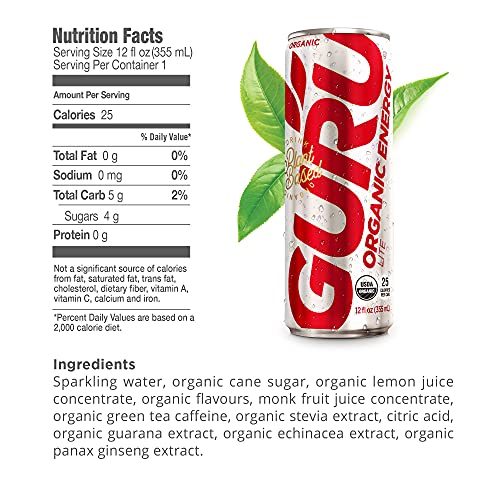 GURU Lite Organic Energy Drink | Stay Focused with Refreshingly Good Energy | Organic Ingredients | Low Calories | Uncompromisingly Good Energy | 12oz (Pack of 24)