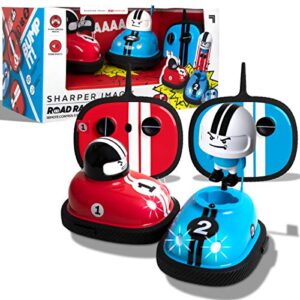 sharper image road rage rc speed bumper cars, mini remote controlled ejector vehicles, 2 player head to head battle, crash into opponents, 2.4 ghz, red and blue, ages 6 and up