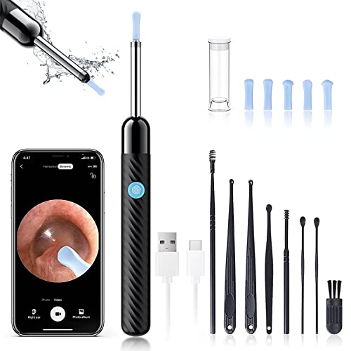 Ear Wax Removal - Earwax Remover Tool with 8 Pcs Ear Set - Ear Cleaner with Camera - Earwax Removal Kit with Light - Ear Camera with 6 Ear Spoon - Ear Cleaner for iOS & Android (Black)