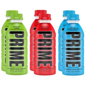 prime hydration sports drink variety pack – energy drink, electrolyte beverage – lemon lime, tropical punch, blue raspberry – 16.9 fl oz (6 pack) by golax