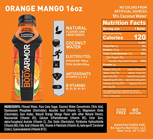 BODYARMOR Sports Drink Sports Beverage, Orange Mango, Natural Flavors With Vitamins, Potassium-Packed Electrolytes, Perfect For Athletes, 16 Fl Oz (Pack of 12)