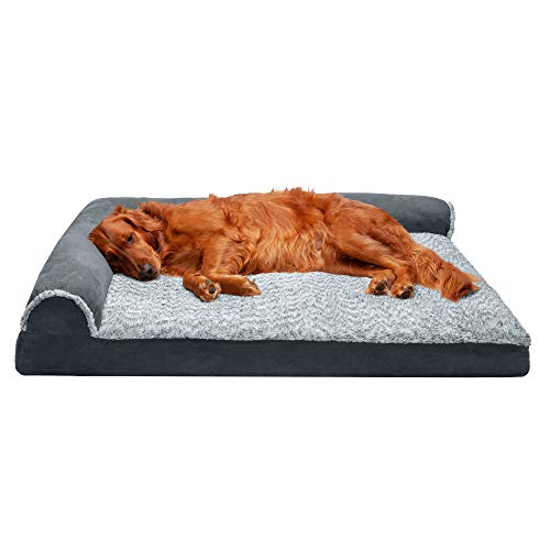 Furhaven XL Memory Foam Dog Bed Two-Tone Faux Fur & Suede L Shaped Chaise w/ Removable Washable Cover - Stone Gray, Jumbo