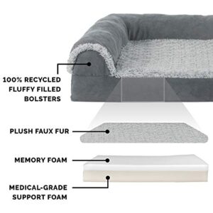 Furhaven XL Memory Foam Dog Bed Two-Tone Faux Fur & Suede L Shaped Chaise w/ Removable Washable Cover - Stone Gray, Jumbo