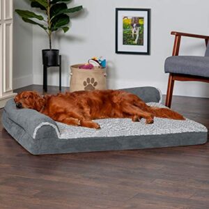 Furhaven XL Memory Foam Dog Bed Two-Tone Faux Fur & Suede L Shaped Chaise w/ Removable Washable Cover - Stone Gray, Jumbo