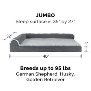 Furhaven XL Memory Foam Dog Bed Two-Tone Faux Fur & Suede L Shaped Chaise w/ Removable Washable Cover - Stone Gray, Jumbo