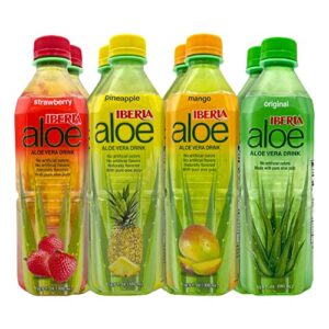 iberia aloe vera drink with pure aloe pulp, variety, (pack of 8) 2 x original, 2 x mango, 2 x pineapple, 2 x strawberry