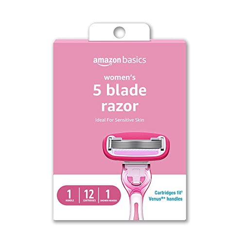 Amazon Basics Women's 5 Blade FITS Razor for Women, FITS Amazon Basics FITS Handle and Venus Handles, Includes 1 FITS Handle, 12 Cartridges & 1 Shower Hanger