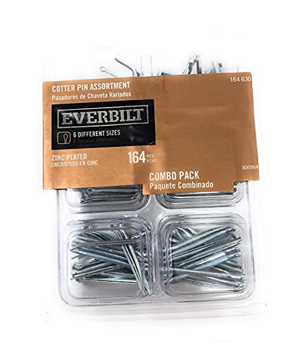 Everbilt 164 Pcs Galvanized Zinc Plated Steel Cotter Pin Clip Assortment Combo Pack Kit Set Key Fastner -Small- 6 Different Sizes- Not Metric, Made for USA, with USA Sizes-Extended Prong