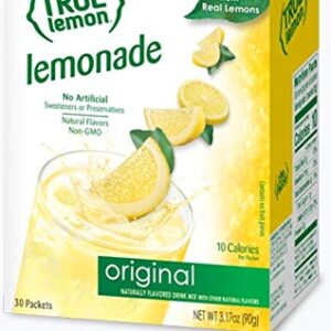 TRUE LEMON Original Lemonade Drink Mix| Made from Real Lemon | No Preservatives, No Artificial Sweeteners, Gluten Free | Water Flavor Packets & Water Enhancer with Stevia 30 Count (Pack of 1)