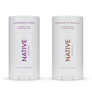 native deodorant | natural deodorant for women and men, aluminum free with baking soda, probiotics, coconut oil and shea butter | coconut & vanilla and lavender & rose – variety pack of 2