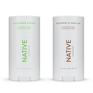 native deodorant | natural deodorant for women and men, aluminum free with baking soda, probiotics, coconut oil and shea butter | coconut & vanilla and cucumber & mint – variety pack of 2