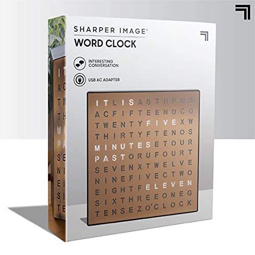 Sharper Image Light Up Electronic Word Clock, Copper Finish with LED Light Display, USB Cord and Power Adapter, 7.75in Square Face, Unique Contemporary Home and Office Decor