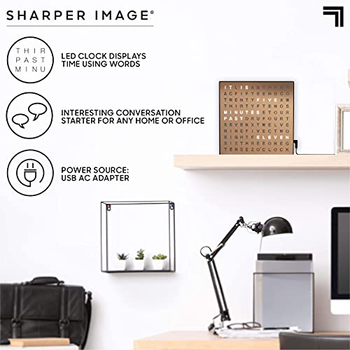 Sharper Image Light Up Electronic Word Clock, Copper Finish with LED Light Display, USB Cord and Power Adapter, 7.75in Square Face, Unique Contemporary Home and Office Decor