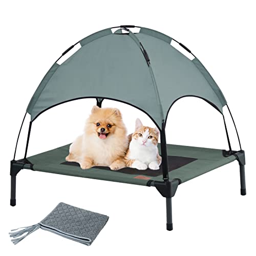 Elevated Dog Bed with Removable Canopy,M Size Portable Dog Bed for Outdoor Camping Hiking,600D Breathable Mesh Fabric and Sunshine Prevention,Raised Mesh Pet Cot with Shade Tent for Medium Dogs