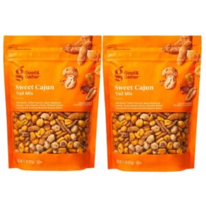 good gather sweet cajun trail mix with butter toffee peanuts, spicy seasoned peanuts, cajun sesame sticks, roasted salted corn kernels and honey roasted sesame sticks. 11 oz (2 pack)