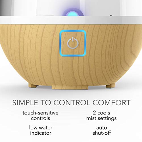 Sharper Image UHT1-SI Ultrasonic Cool Mist Humidifier, 0.4 Gallon (1.5L) Water Tank, 2 Settings, Auto Shut-Off, 360° Rotatable Nozzle, Illuminated Touch Control, LED Nightlight, Ash Woodgrain