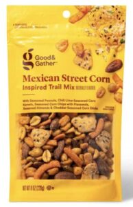 h&j good & gather mexican street corn inspired trail mix. with seasoned peanuts, chili lime seasoned corn kernels, corn chips with flaxseeds, almonds & cheddar seasoned corn sticks. 8 oz. (1pack)