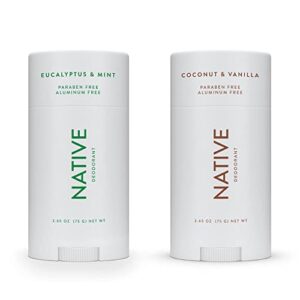 native deodorant | natural deodorant for women and men, aluminum free with baking soda, probiotics, coconut oil and shea butter | coconut & vanilla and eucalyptus & mint – variety pack of 2
