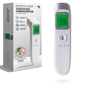 sharper image digital touchless smart forehead thermometer, high-precision infrared sensors, stores 35 readings, touch-free temp scans, battery powered, built-in led glow light