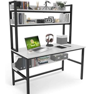 Aquzee Computer Desk with Hutch and Bookshelf, 47 Inches White Home Office Desk with Space Saving Design, Metal Legs Table Desk with Upper Storage Shelves for Study Writing/Workstation, Easy Assemble