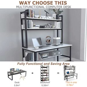 Aquzee Computer Desk with Hutch and Bookshelf, 47 Inches White Home Office Desk with Space Saving Design, Metal Legs Table Desk with Upper Storage Shelves for Study Writing/Workstation, Easy Assemble