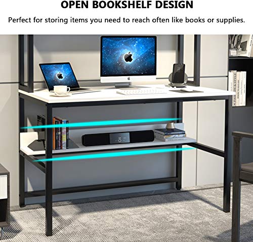 Aquzee Computer Desk with Hutch and Bookshelf, 47 Inches White Home Office Desk with Space Saving Design, Metal Legs Table Desk with Upper Storage Shelves for Study Writing/Workstation, Easy Assemble