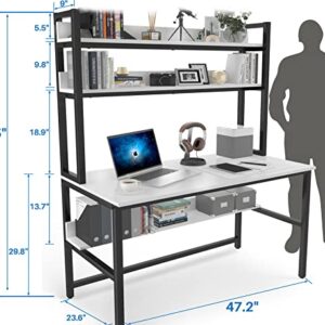 Aquzee Computer Desk with Hutch and Bookshelf, 47 Inches White Home Office Desk with Space Saving Design, Metal Legs Table Desk with Upper Storage Shelves for Study Writing/Workstation, Easy Assemble