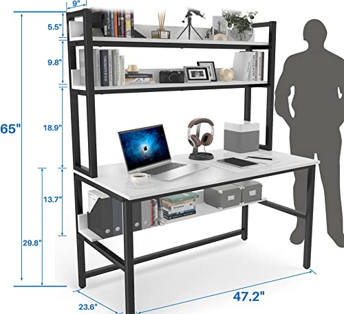 Aquzee Computer Desk with Hutch and Bookshelf, 47 Inches White Home Office Desk with Space Saving Design, Metal Legs Table Desk with Upper Storage Shelves for Study Writing/Workstation, Easy Assemble