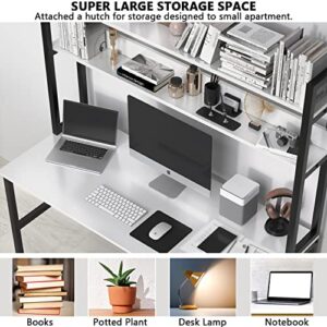 Aquzee Computer Desk with Hutch and Bookshelf, 47 Inches White Home Office Desk with Space Saving Design, Metal Legs Table Desk with Upper Storage Shelves for Study Writing/Workstation, Easy Assemble