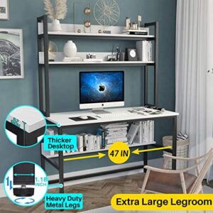 Aquzee Computer Desk with Hutch and Bookshelf, 47 Inches White Home Office Desk with Space Saving Design, Metal Legs Table Desk with Upper Storage Shelves for Study Writing/Workstation, Easy Assemble