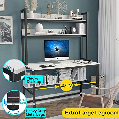 Aquzee Computer Desk with Hutch and Bookshelf, 47 Inches White Home Office Desk with Space Saving Design, Metal Legs Table Desk with Upper Storage Shelves for Study Writing/Workstation, Easy Assemble