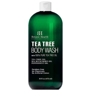 botanic hearth tea tree body wash, helps with nails, athletes foot, ringworms, jock itch, acne, eczema & body odor, soothes itching & promotes healthy skin and feet, naturally scented, 16 fl oz
