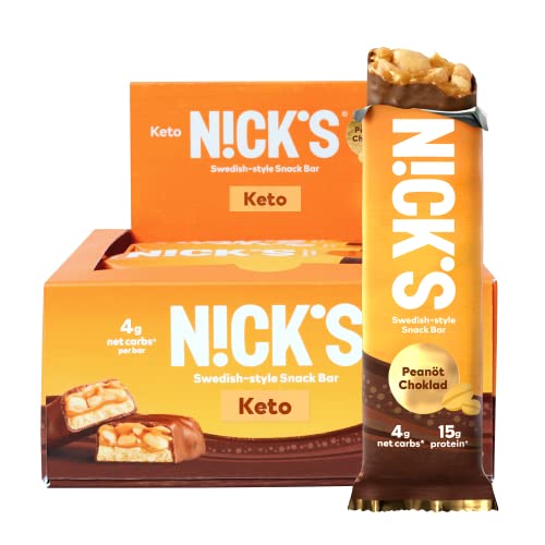 Nick's Swedish Style Protein Snack Bar, Chocolate Peanut Keto Protein Bar, 15g Protein, Low Carb, Low Sugar, Meal Replacement Bar, Keto-Friendly Snack, 12-Count