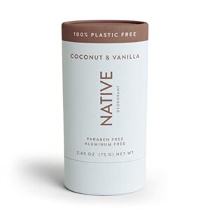 native plastic free deodorant | natural deodorant for women and men, aluminum free with baking soda, probiotics, coconut oil and shea butter | coconut & vanilla