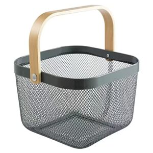 hojkma mesh steel storage organizer basket, multi-functional metal wire hanging kitchen baskets fruit basket with bamboo handle ideal for kitchen, bathroom, pantry, cabinet home, shopping, grey