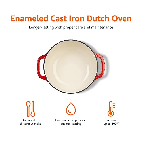 Amazon Basics Enameled Cast Iron Covered Dutch Oven, 6-Quart, Red