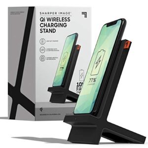 sharper image wireless qi charging dock, wirelessly charge compatible devices, 10-watt fast charger, sleek stand with finish protecting coating, ultimate smartphone accessory