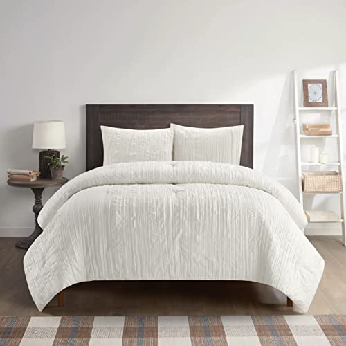 SHARPER IMAGE All Season Down Alternative Crinkle 3 Piece Comforter and Sham Set -Made with Recycled Fibers, King, White