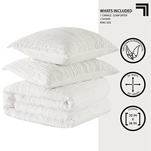 SHARPER IMAGE All Season Down Alternative Crinkle 3 Piece Comforter and Sham Set -Made with Recycled Fibers, King, White