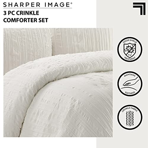 SHARPER IMAGE All Season Down Alternative Crinkle 3 Piece Comforter and Sham Set -Made with Recycled Fibers, King, White