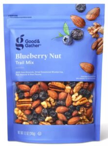 good & gather blueberry nut trail mix 12 ouces. raw almonds, dried sweetened blueberries, raw walnuts and pecans.