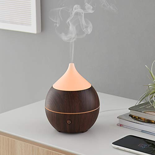 Amazon Basics 200ml Ultrasonic Aromatherapy Essential Oil Diffuser with Bluetooth Speaker, Dark Wood Finish Base