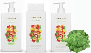 native shampoo, conditioner & body wash with loofah set | for women, men with naturally derived clean ingredients, special edition gummy bears – set of 4 (green)