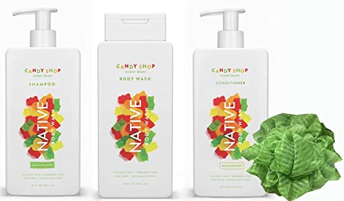 Native Shampoo, Conditioner & Body Wash with Loofah Set | For Women, Men with Naturally Derived Clean Ingredients, Special Edition Gummy Bears - Set of 4 (Green)