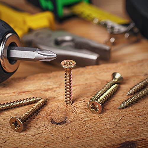 M3 Flat Head Wood Screws Assortment Fasteners Kit 420pcs,Phillips Drive Countersunk Head Self-Tapping Screws,Yellow Zinc Plated Finish,Contains 20pcs M6 Screw Anchors