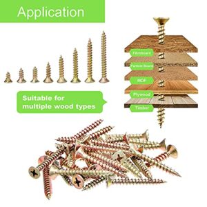 M3 Flat Head Wood Screws Assortment Fasteners Kit 420pcs,Phillips Drive Countersunk Head Self-Tapping Screws,Yellow Zinc Plated Finish,Contains 20pcs M6 Screw Anchors